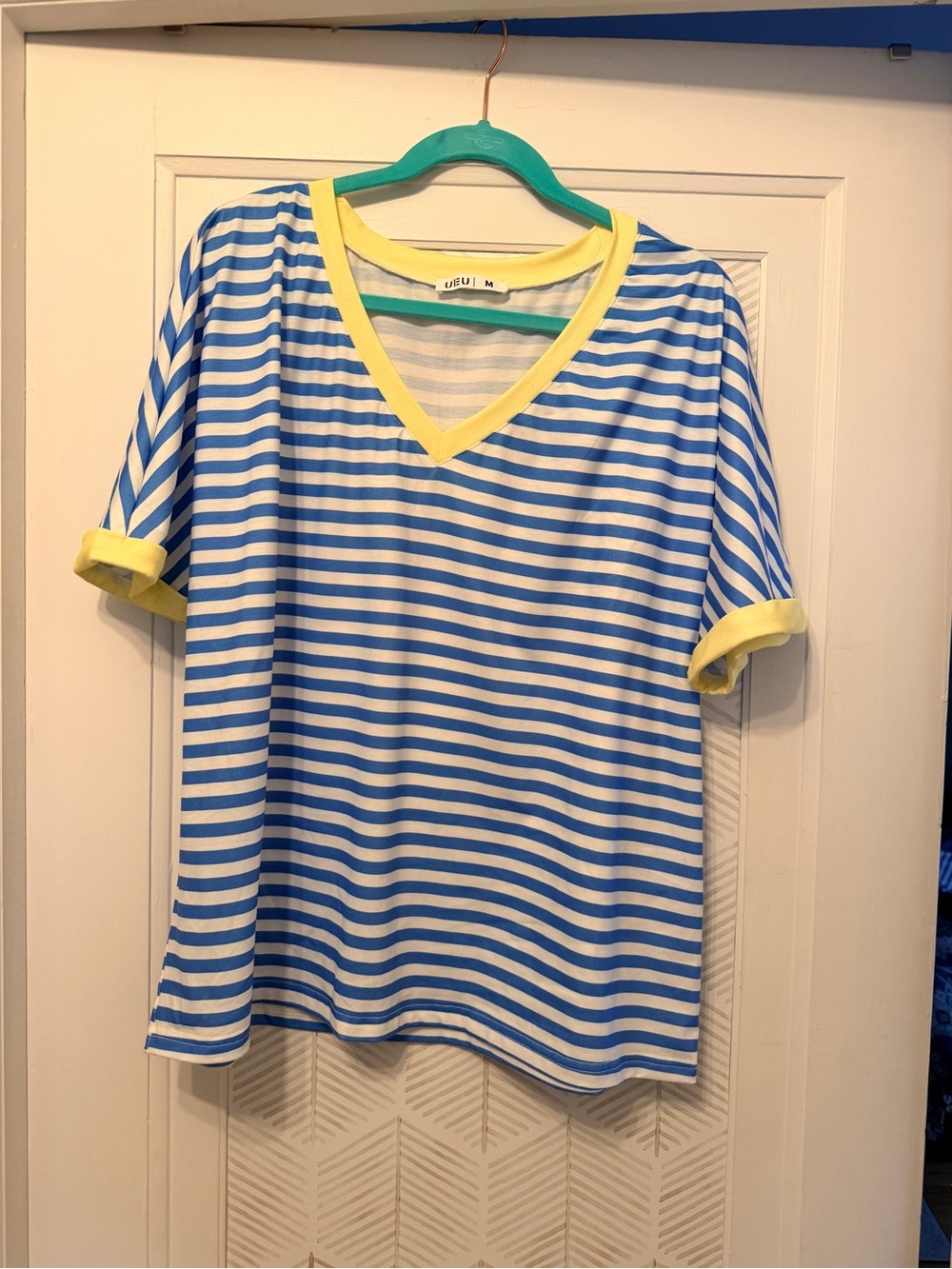 Blue & Yellow Striped V-Neck Top